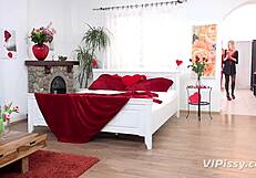 valentine's day turns steamy as claudia macc licks amaris pussy through pantyhose with toys