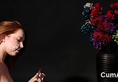 naughty centerfold bombshell kneels for bukkake face sperm swallow fest