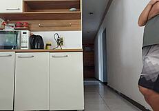 Risky Kitchen Fuck With Hubby's Friend While He Showers