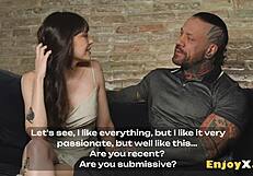 tatted brunette with shaved pussy slurps cum after deepthroat cowgirl ride and rimjob feast from black stud