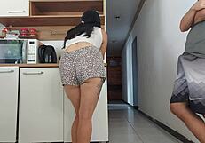 Risky Kitchen Fuck With Hubby's Friend While He Showers