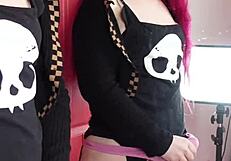 redhead tranny pinky strokes her big cock to messy cumshot mirror solo lingerie masturbation