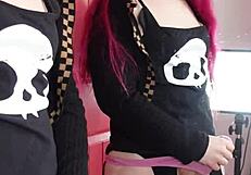 redhead tranny pinky strokes her big cock to messy cumshot mirror solo lingerie masturbation