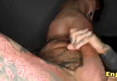 tatted brunette with shaved pussy slurps cum after deepthroat cowgirl ride and rimjob feast from black stud