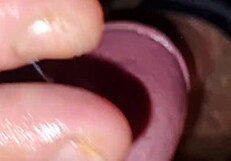 Guy jerks hard cock twice in solo double cumshot interrupting first orgasm.