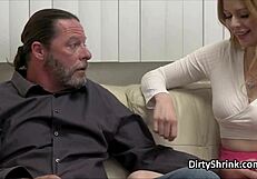 Milf Shrink Masturbates Then Joins Couple For Hardcore Threesome Blowjob