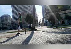 Relaxed solo moment by the beach lighthouse