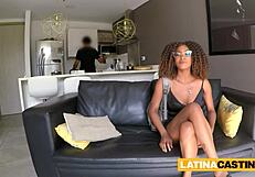 latina hottie slips into tiny bikini then drops to knees for deepthroat blowjob