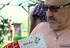 Teen Neighbor Teases Old Man for Intense Backyard Fuck