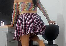 whoa, check this sweet sub in fishnets shoving huge horse dildo up her fat ass...