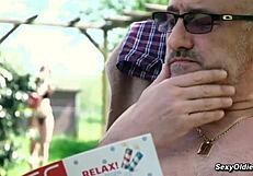 Teen Neighbor Teases Old Man for Intense Backyard Fuck