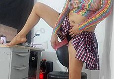 whoa, check this sweet sub in fishnets shoving huge horse dildo up her fat ass...