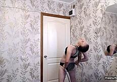 sweaty blonde russian gymnast fingers wet pussy in lingerie after acrobatic workout