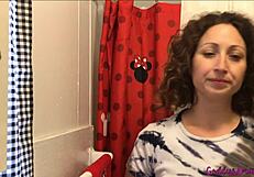 chubby brunette milf goddess collects her warm pee in bathroom toilet for your fetish worship