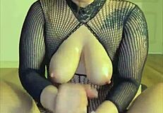 curvy asian babe's huge tits tease in fishnets during interracial pov handjob