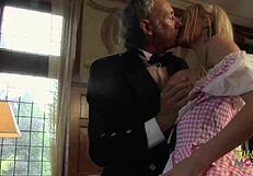 cute blonde milf rides old dude's cock spanking tits cowgirl on sofa cumshot