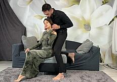 my oiled big ass friend rides cock wild on couch from doggy to cowgirl cum swallow