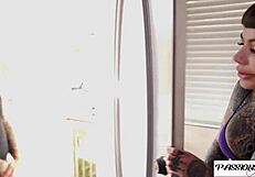 tattoo babe rides client's cock with sloppy deepthroat action