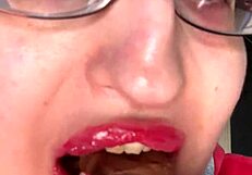 giantess with huge lips glasses long nails smears snickers bar fetish in bar