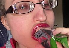 giantess with huge lips glasses long nails smears snickers bar fetish in bar