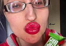giantess with huge lips glasses long nails smears snickers bar fetish in bar