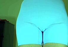 stepsister slips into tight shorts then flashes her huge hairy pussy right there