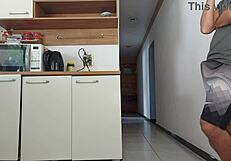 risky kitchen sex while husband showers i fuck his friend bareback deep moan almost caught