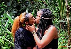 naughty black lesbian stepsisters hookup for pussy eating, scissoring and double dildo fucking