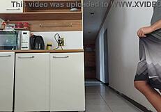 risky kitchen sex while husband showers i fuck his friend bareback deep moan almost caught