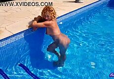 Blonde Mature Couple Masturbates Trimmed Pussy by Pool Before Tight Sex