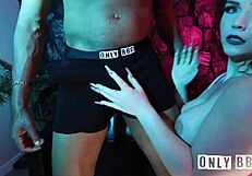 Redhead Brina bounces fat tits while riding Jovan's monster black cock deep