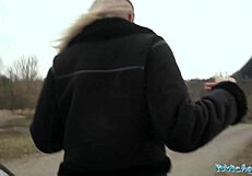 public agent hitchhiker in fishnets deepthroats monster cock outdoors to orgasm