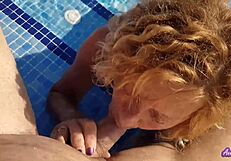Blonde Mature Couple Masturbates Trimmed Pussy by Pool Before Tight Sex