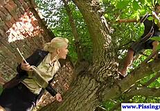 beauty bent over doggystyle gets bizarre golden shower from old guys