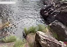 we got busted fooling around at the waterfall on vacation with damiana and her pierced nipples