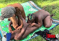 Stepmom shows her girl how to deepthroat big black cock then ride it doggystyle outdoors