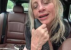 big titted mature milf fists HUGE PUSSY lips with ANAL DILDO deep in car POV squirting orgasm mess
