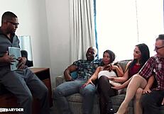 Timeshare couples swap partners for interracial foursome with big black cock cowgirl riding