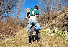 curvy brunette milf flashes huge ass wedgie in public outdoor humiliation