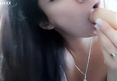 LOOK AT HER NIPPLES GET ERECT AS SHE FUCKS SHAVED PUSSY FAST WITH SMALL TOY COCK!