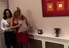 Lesbian boss too aroused to work caught by busty employee touching shaved pussy