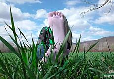 oh man my goddess feet look so cute in white socks jeans on spring grass