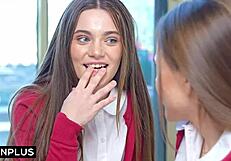 schoolgirl pals team up for a wild shared ride