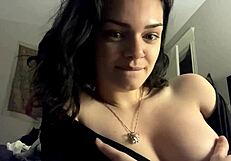 damn hot babe flashes her massive sexy tits everywhere