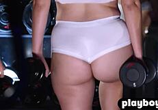 Big ass blonde milf babe strips naked during workout as friend rips clothes and helps with pussy teasing exercises