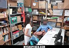 Hey, store owner's stepdaughter caught stealing? Lp guard bangs her bent over and missionary