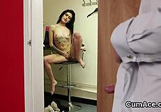 Classy bimbo bombshell in blowbang swaps cum after facial bukkake.