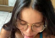 Nerdy Brunette Latina Morena Sucks Wellington Prado's Huge Cock Deep in Jeans Shorts Mirror POV