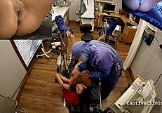 Blindfolded petite Latina Yasmine Woods screams in latex handcuffs backstage humiliation