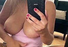 Milf Bounces Natural Tits in Mirror Masturbation Selfie with Panties and Socks